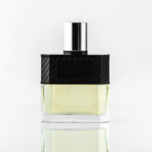 a front view bottle fragrance or parfume in designed colors on the white background
